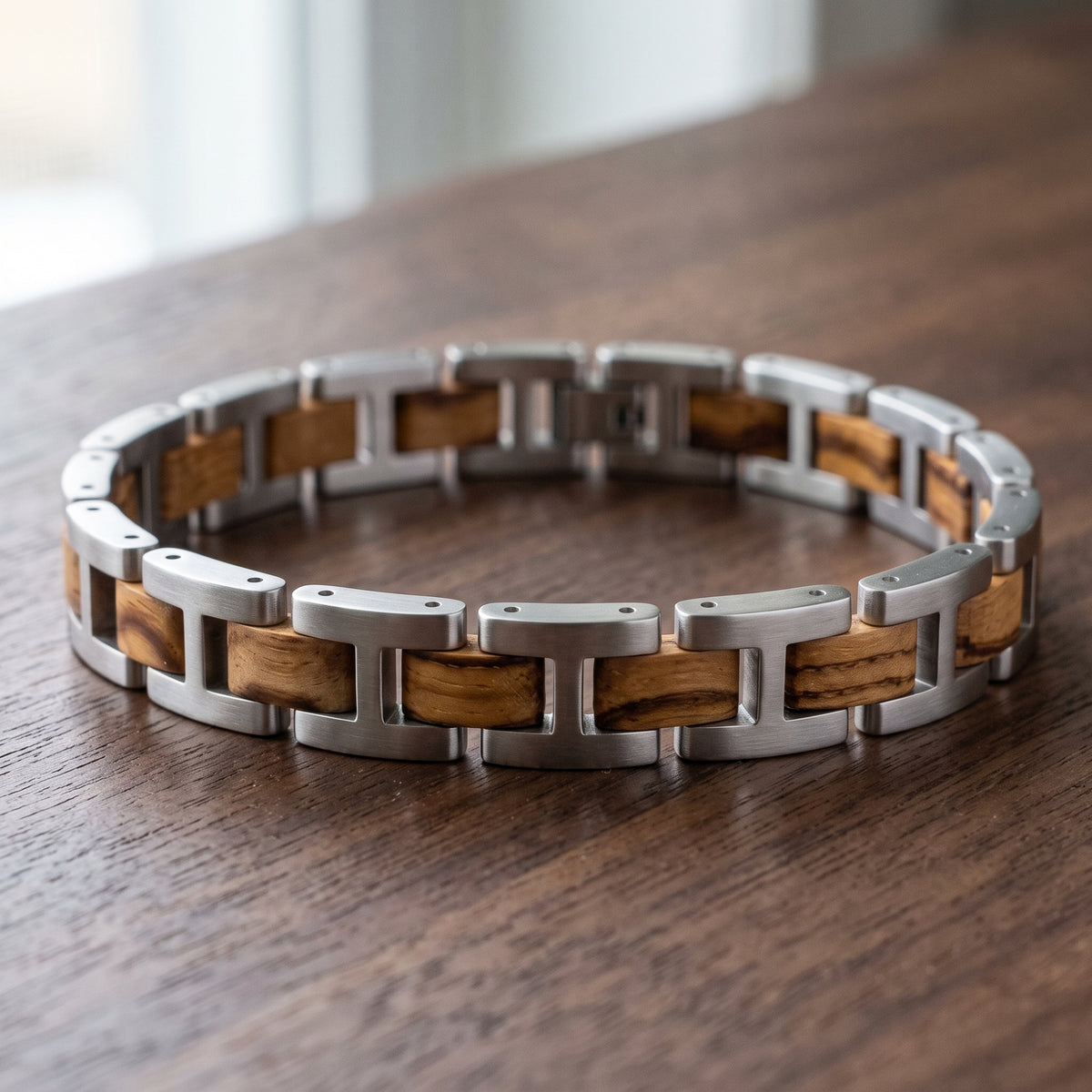 Men's stainless steel zebrawood link bracelet with interlocking rectangular segments, Overpowered Accessories