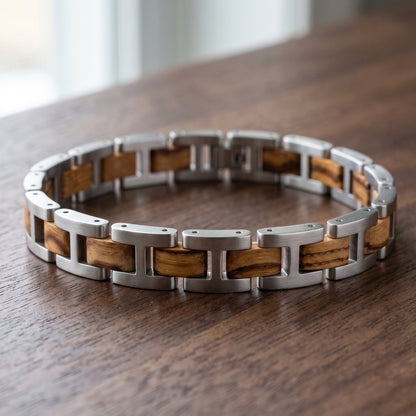 Men's stainless steel zebrawood link bracelet with interlocking rectangular segments, Overpowered Accessories