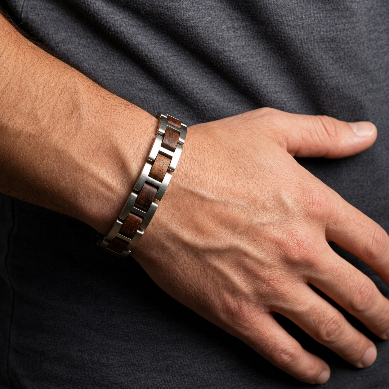 Luxury Natural Walnut Wood & Stainless Steel Bracelet - B-191 | Men's - Overpowered Accessories