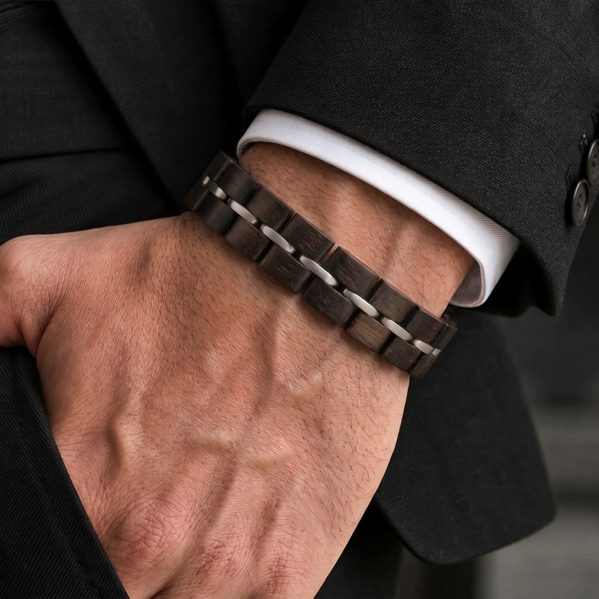 Men's adjustable ebony wood link bracelet with white leather strap, Overpowered Accessories
