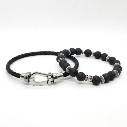 Obsidian Conduit Bundle B-123 G-12 features two men's bracelets: a black rope bracelet with a metal clasp and a beaded bracel
