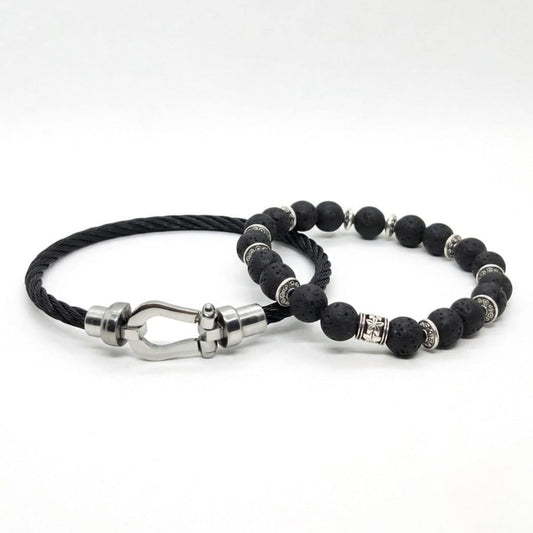 Men's black bead and braided cord bracelets with silver clasp and accent beads