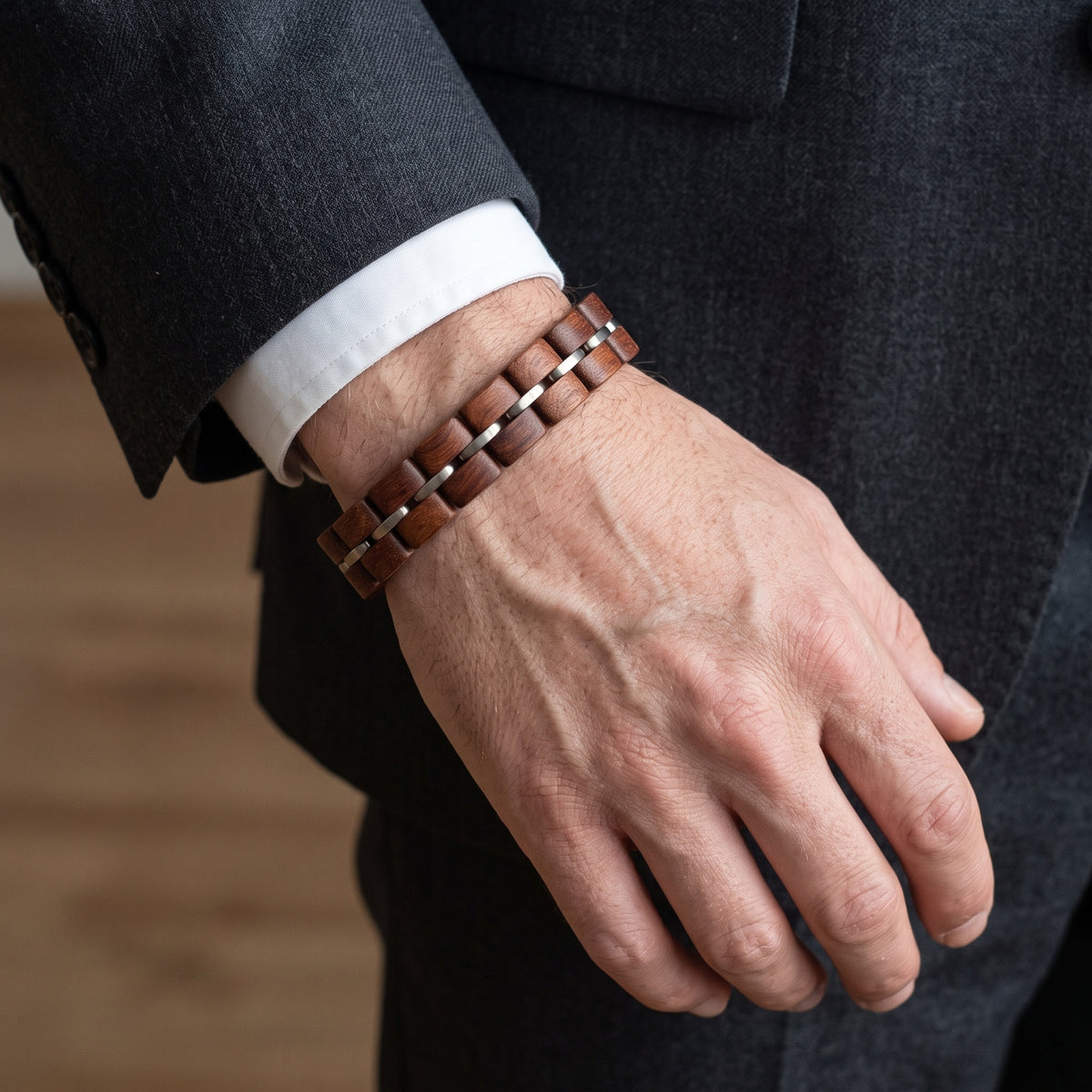Rosewood bracelet with dark brown segmented wooden blocks and silver metal strips, Overpowered Accessories