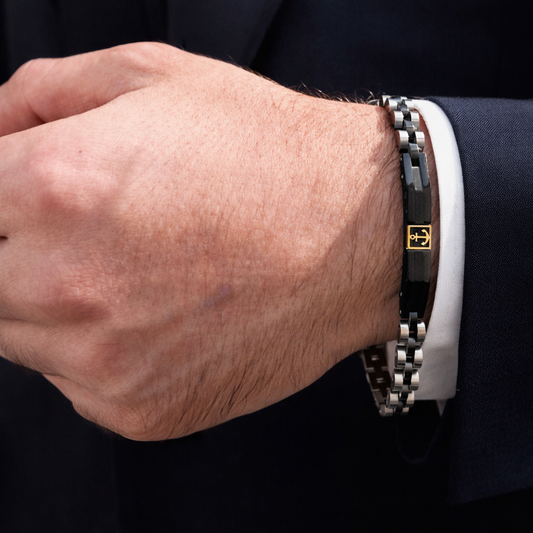 Two-Tone Silver & Black Stainless Steel with Gold Anchor - B-79 Bracelet | Men's - Overpowered Accessories Egypt