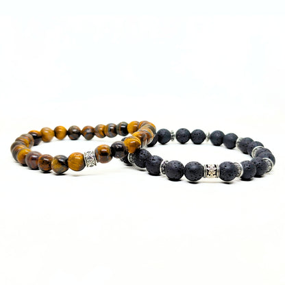 Pair of men's stretch bracelets with tiger-eye and black lava rock beads, silver spacer charms