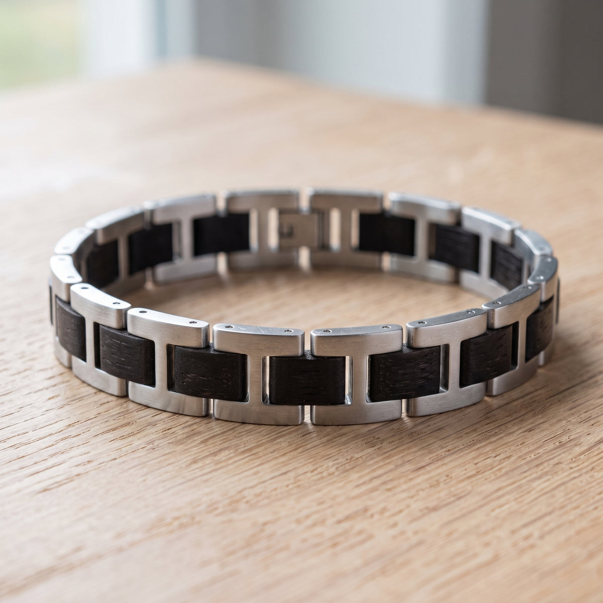 Men's ebony wood and stainless steel bracelet with alternating dark wood block links, Overpowered Accessories