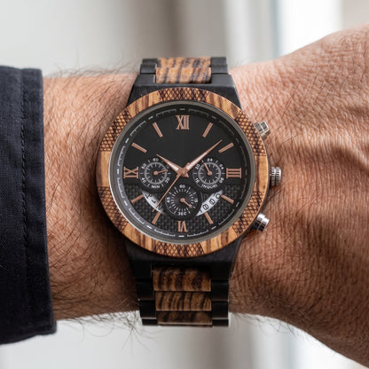 Men's round zebrawood-style watch with black dial, Roman numerals, metal time markers, Overpowered Accessories