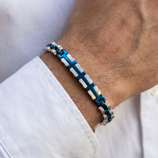 Elegant Silver & Blue Stainless Steel B-132 Bracelet for men, featuring a modern design with interlocking links.