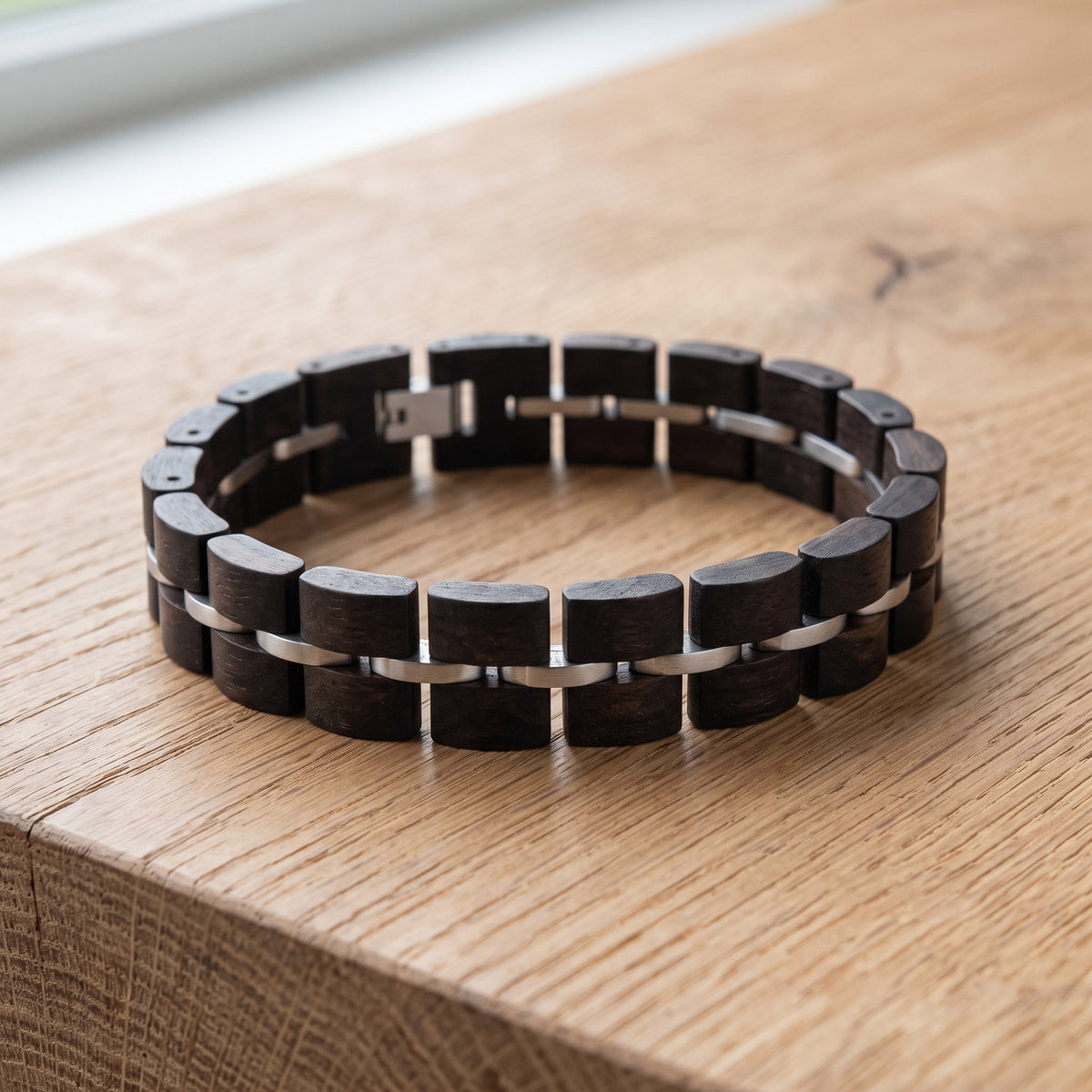 Dark ebony wood link bracelet with metal center clasp and circular fit, Overpowered Accessories