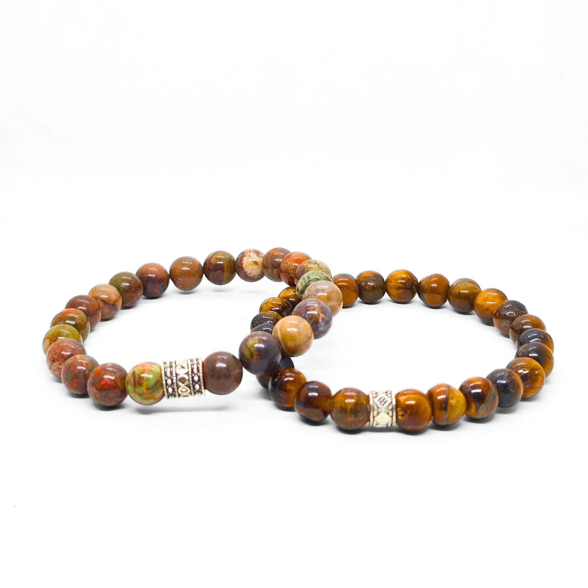 Men's beaded bracelets set, round brown and green stone beads with gold-tone spacers