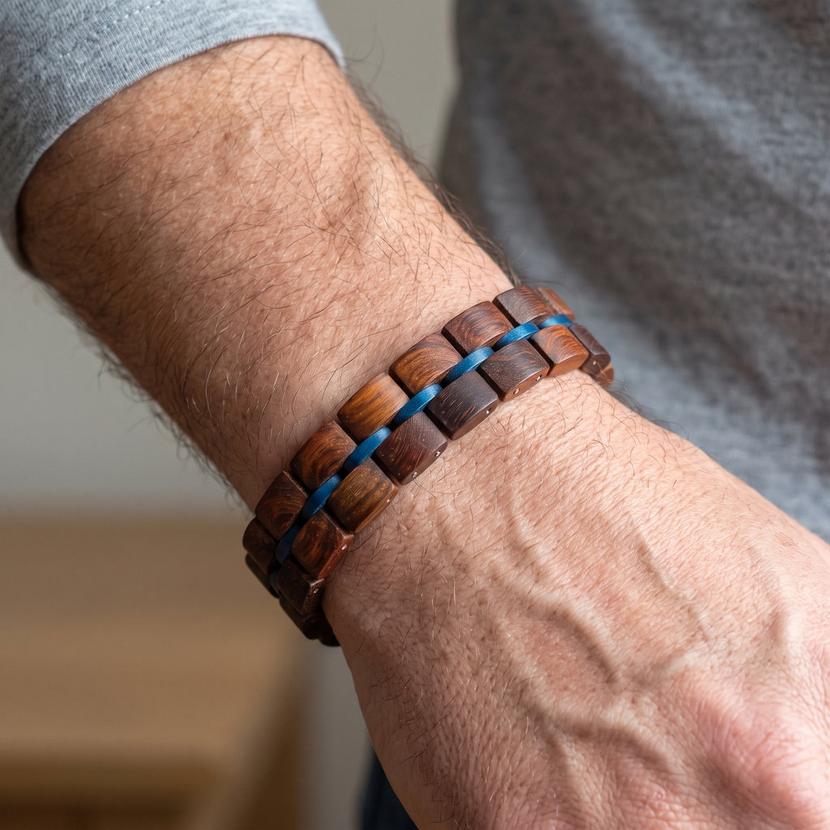 Adjustable rosewood bracelet with alternating dark wood blocks and blue inlay strips, Overpowered Accessories