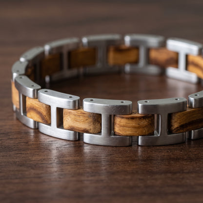 Men's zebrawood and stainless steel link bracelet with rectangular wood insets, Overpowered Accessories