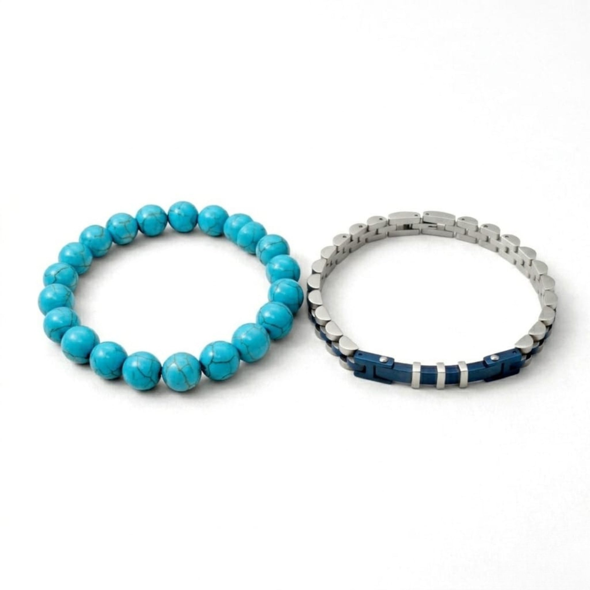Azure Serenity Bundle G-7 B-87 features a turquoise bead bracelet and a silver-tone metal bracelet, stylishly designed for me
