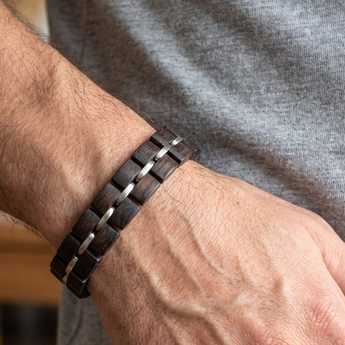 Men's ebony wood bracelet, interlocking square links in dark and silver, Overpowered Accessories