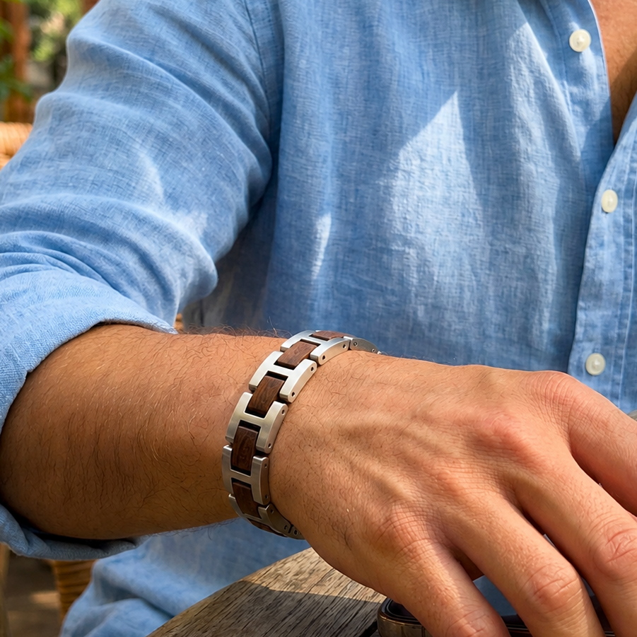 Luxury Natural Walnut Wood & Stainless Steel Bracelet - B-191 | Men's - Overpowered Accessories