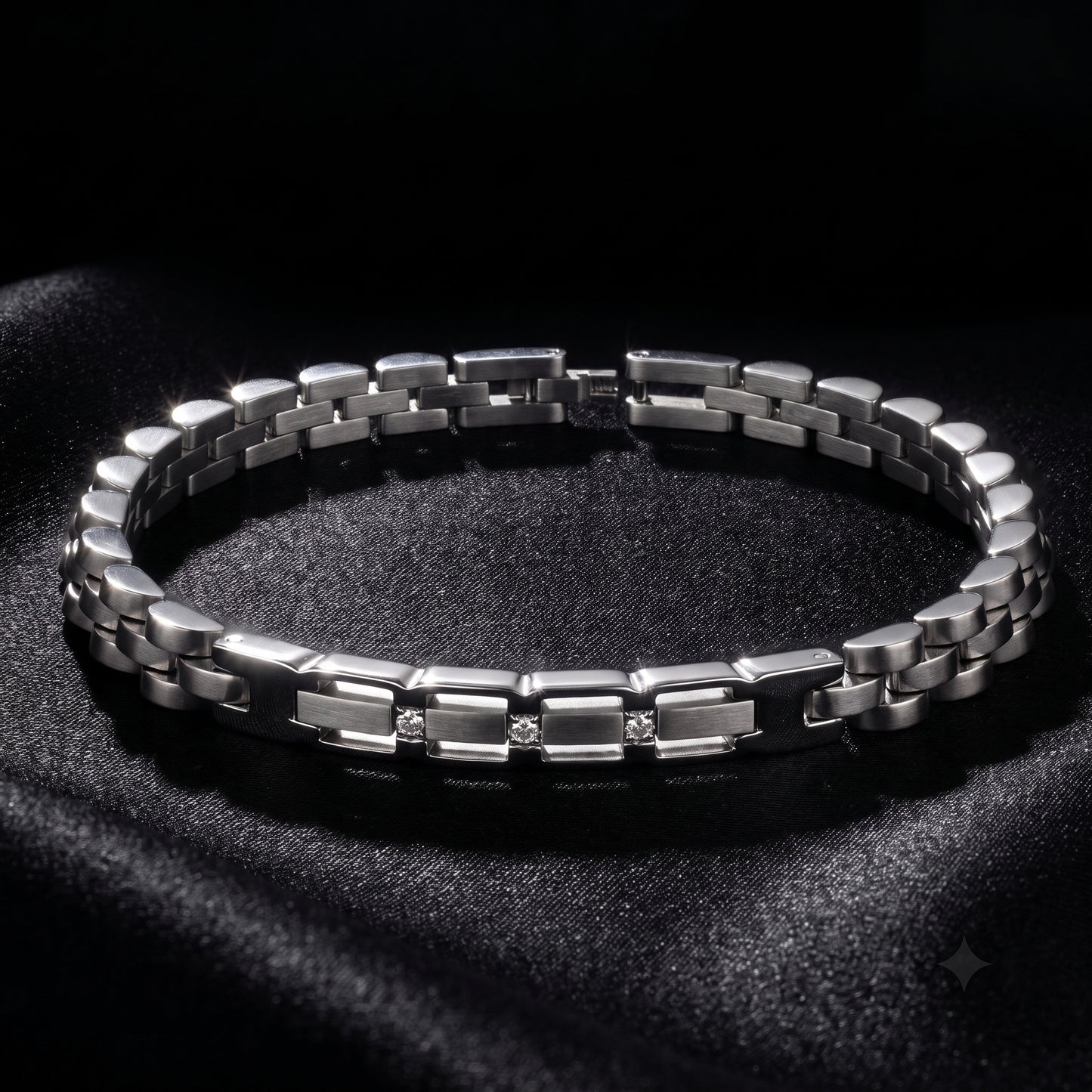 Silver stainless steel link bracelet with micro zircon center stones