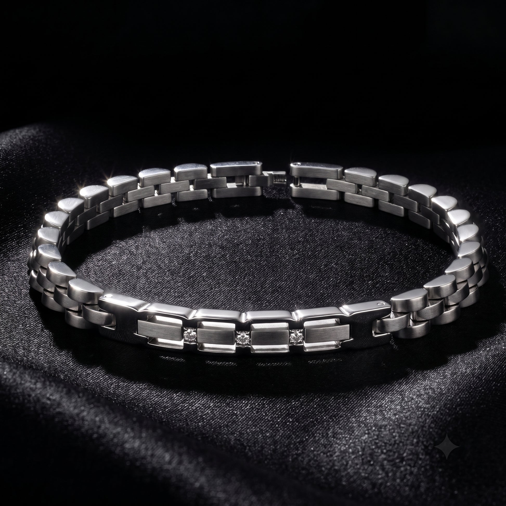 Silver stainless steel link bracelet with micro zircon center stones