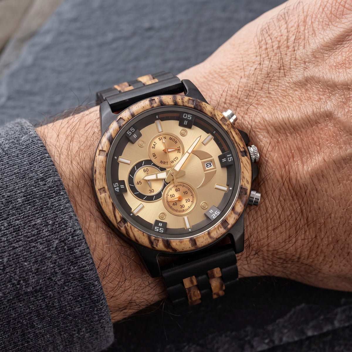 Men's wooden wristwatch on wrist, cream dial with three subdials and date window, Overpowered Accessories