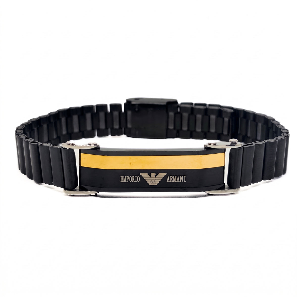 Men's black stainless ID bracelet with rectangular clasp and gold stripe logo plate