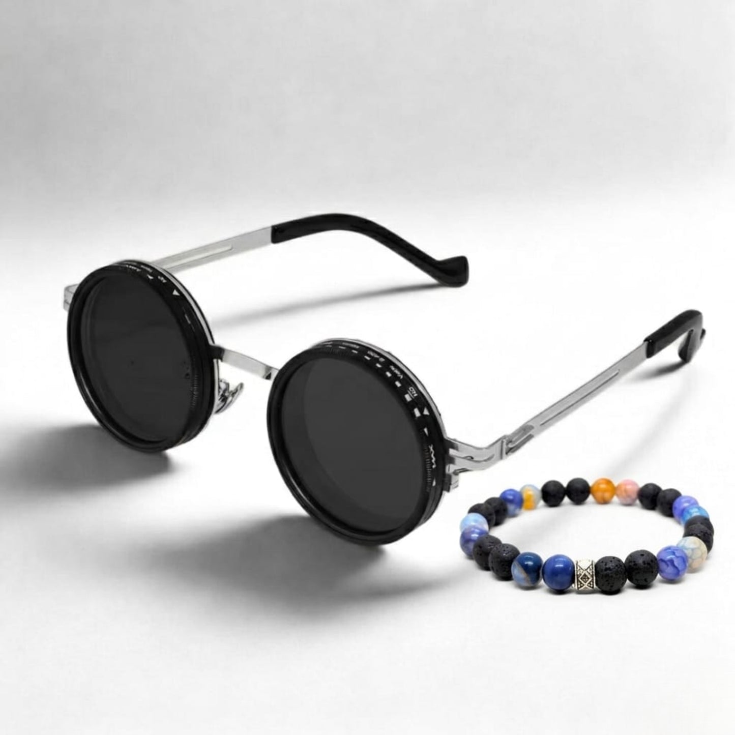 Men's round sunglasses with black frame and blue beaded bracelet set
