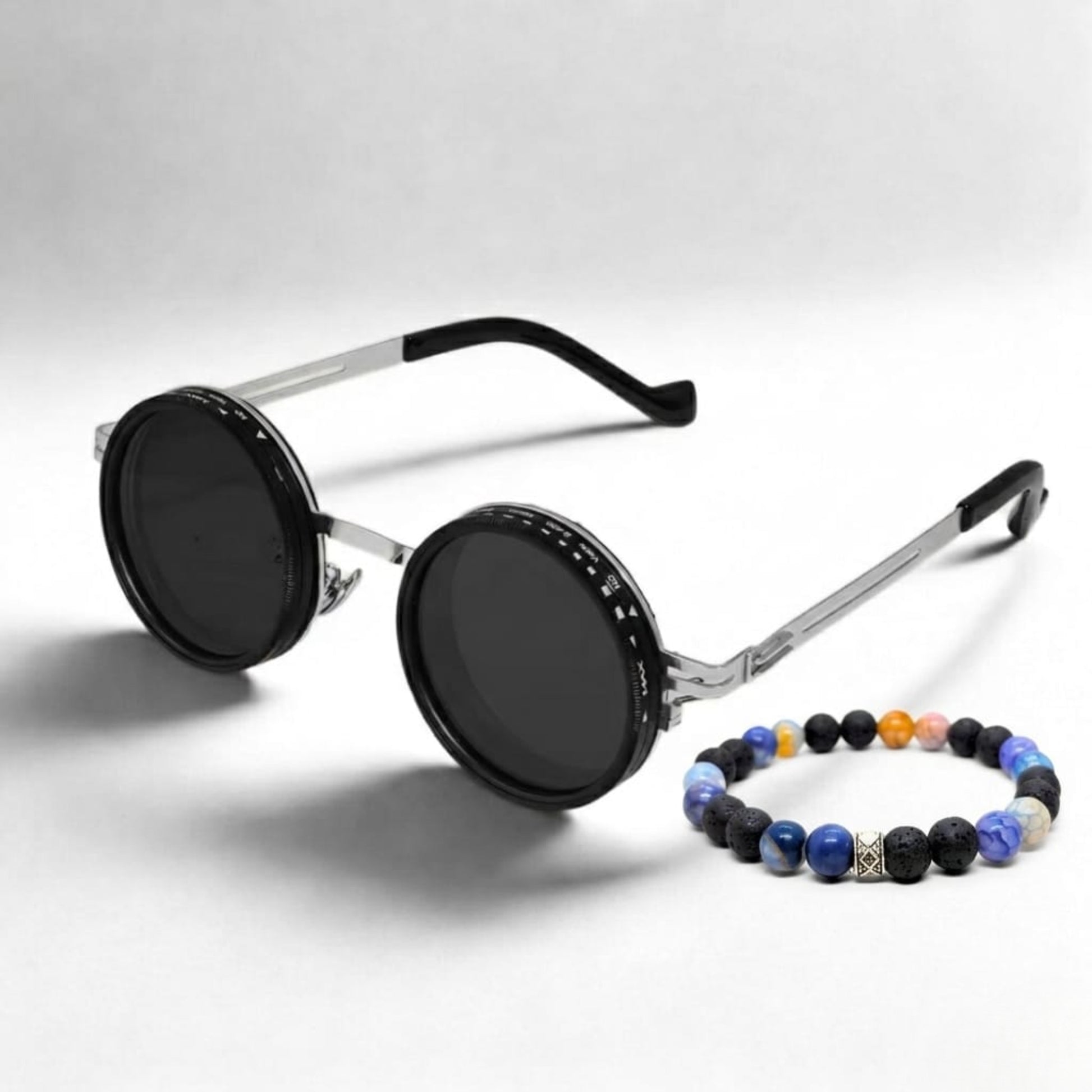 Men's round sunglasses with black frame and blue beaded bracelet set