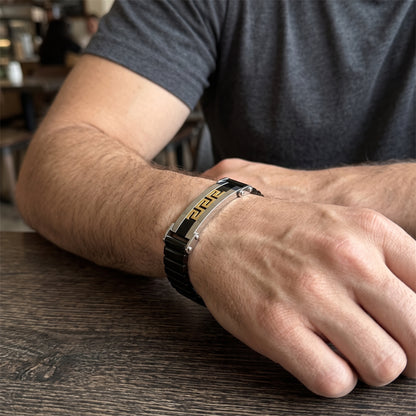Men's stainless steel bracelet with Greek key insets, black links, adjustable watch clasp