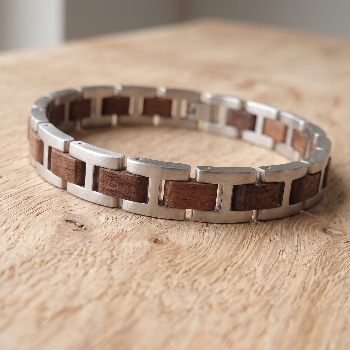 Men's walnut and stainless steel link bracelet with rectangular wood in metal squares, Overpowered Accessories