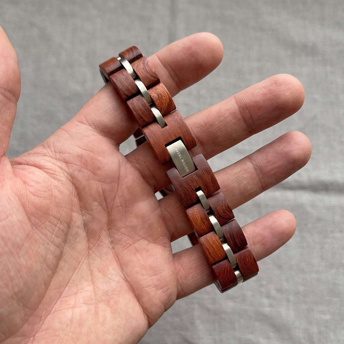 Adjustable rosewood bracelet with rectangular wood links and silver metal connectors, Overpowered Accessories