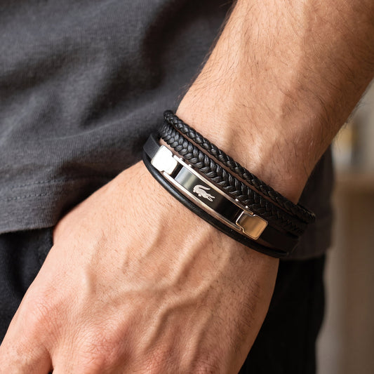 Men's black leather bracelet with braided details and silver metal clasp