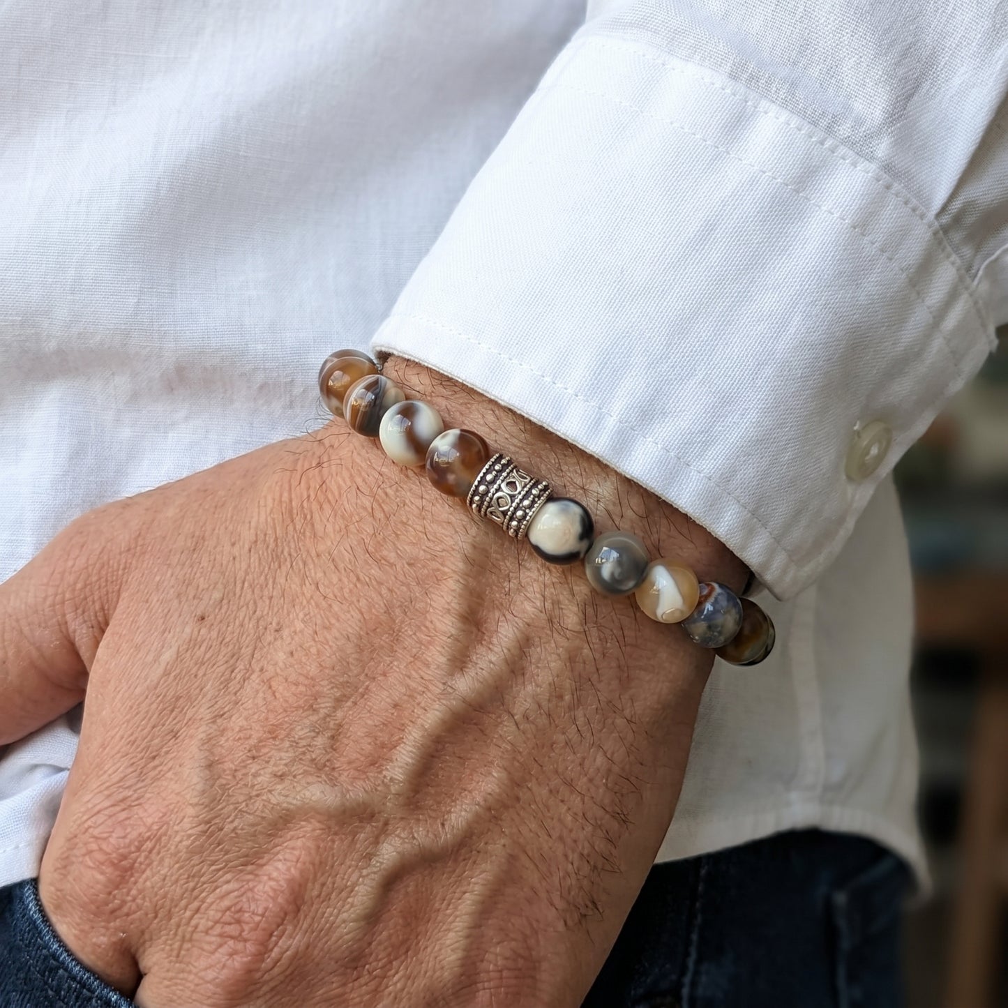Natural Agate G-18 Stone Bracelet for men, featuring multi-colored agate beads and a decorative silver accent.