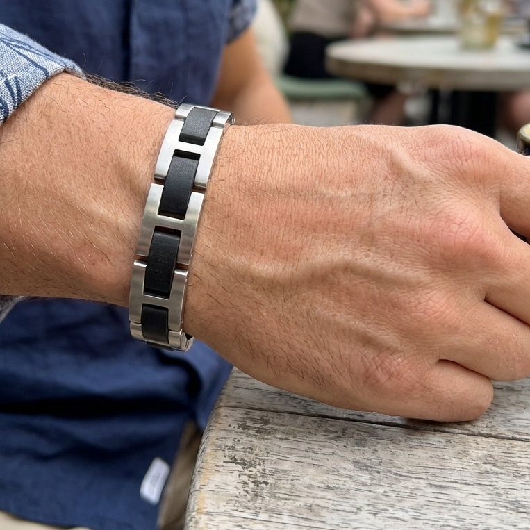 Luxury Natural Ebony Wood & Stainless Steel Bracelet - B-190 | Men's - Overpowered Accessories