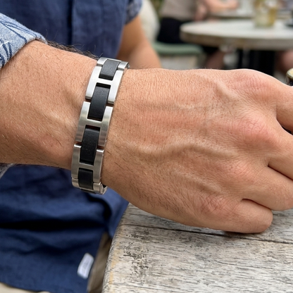 Luxury Natural Ebony Wood & Stainless Steel Bracelet - B-190 | Men's - Overpowered Accessories