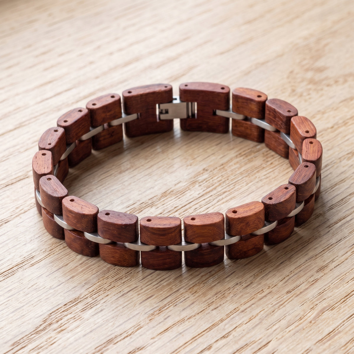Rosewood link bracelet with silver metal connectors, open curved layout, Overpowered Accessories