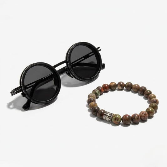 Stone & Shade Bundle G-9 SG-001 featuring round black sunglasses and a beaded men's bracelet with a decorative silver accent.