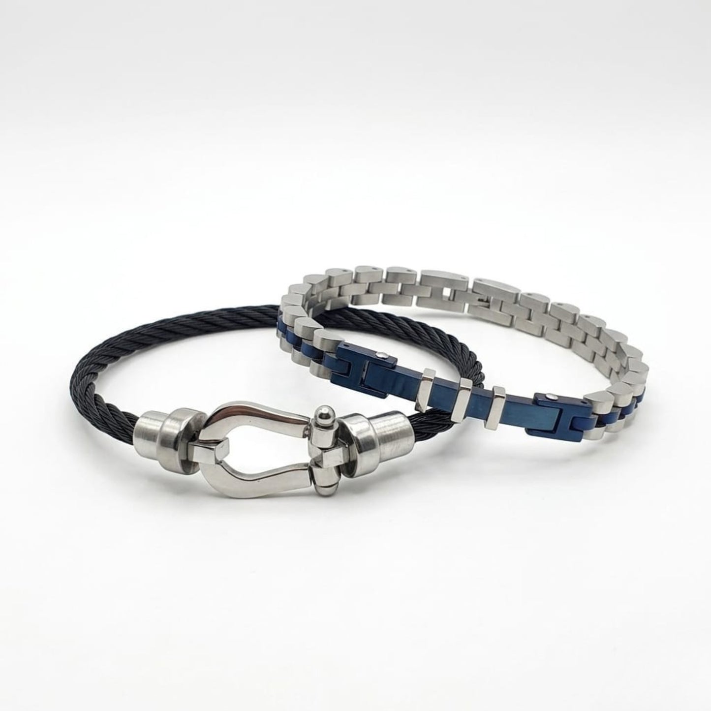 Men's bracelet set with black cord and blue link chain with silver clasp