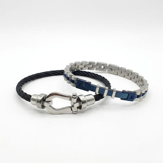 Men's bracelet set with black cord and blue link chain with silver clasp