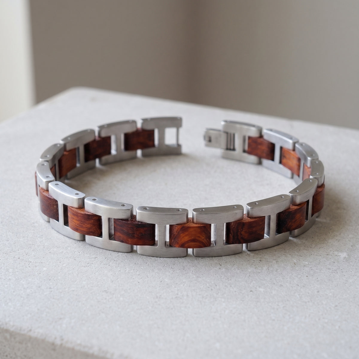 Silver stainless steel and rosewood inlay bracelet with rectangular wood and metal links, Overpowered Accessories