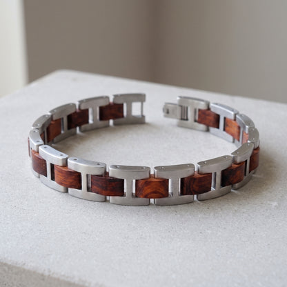 Silver stainless steel and rosewood inlay bracelet with rectangular wood and metal links, Overpowered Accessories