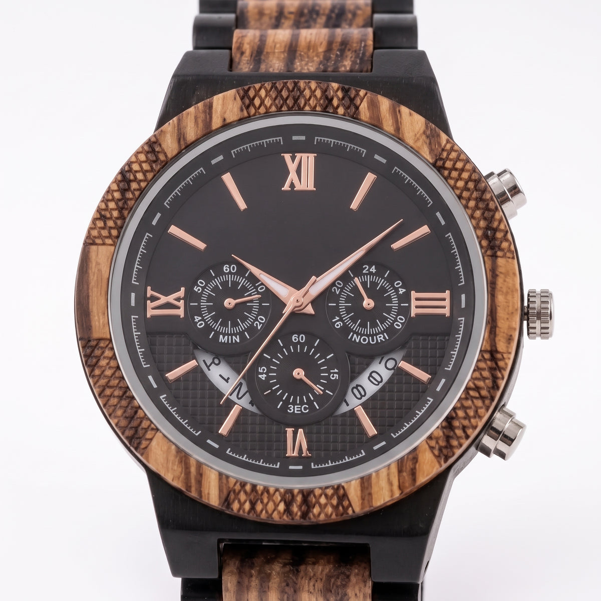Men's zebrawood and ebony wood chronograph wristwatch front view, black dial with Roman numerals, Overpowered Accessories