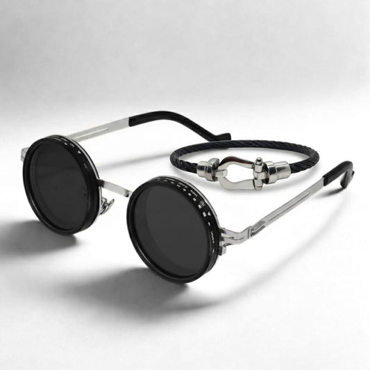 Men's bracelet and round sunglasses set, black lenses with silver hardware and cord strap