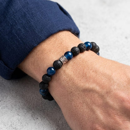 Men's stone bead bracelet with blue and black lava-style beads