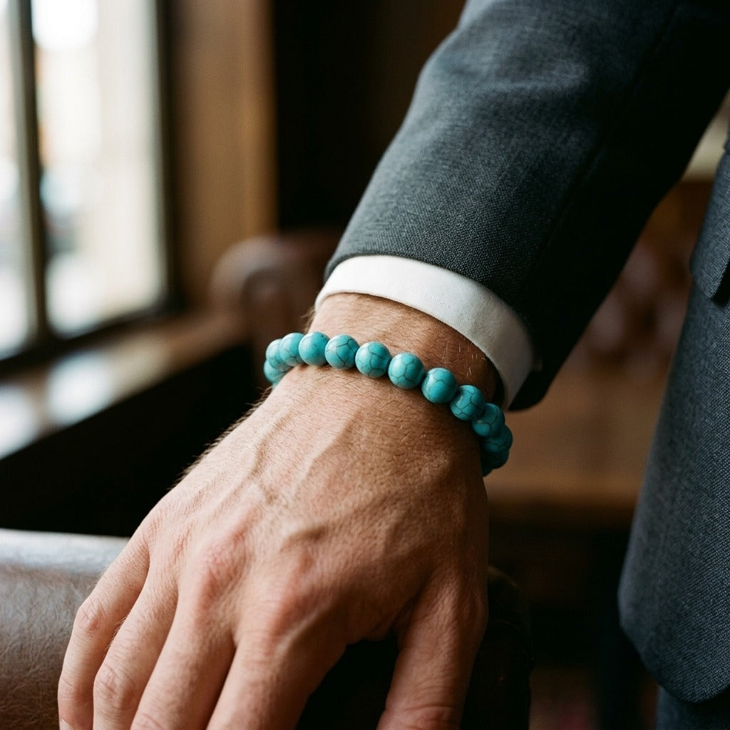 Azure Serenity Bundle G-7 B-87 men's bracelet featuring turquoise beads worn on a man's wrist, set in a stylish environment.