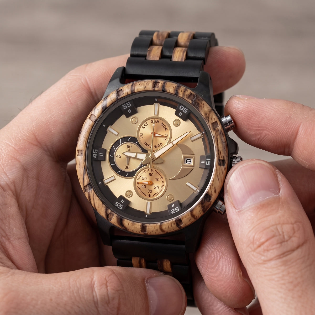 Men's wooden wristwatch close-up, cream dial with markers and crown at 3 o'clock, Overpowered Accessories