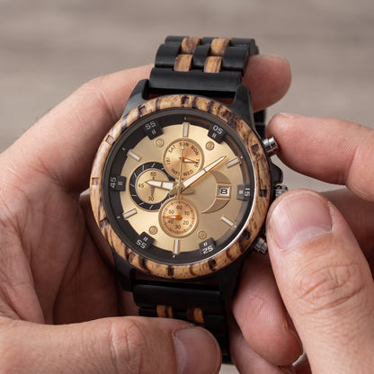 Men's wooden wristwatch close-up, cream dial with markers and crown at 3 o'clock, Overpowered Accessories