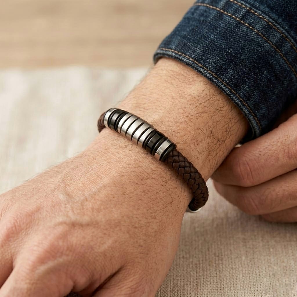 Luxury brown leather and silver stainless steel B-126 bracelet worn on a wrist, showcasing a stylish braided design.