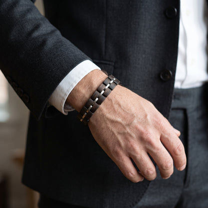 Men's dark ebony wood bracelet with silver metal link accents, Overpowered Accessories