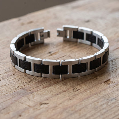 Men's ebony wood and stainless steel bracelet, round links with dark wood insets, Overpowered Accessories
