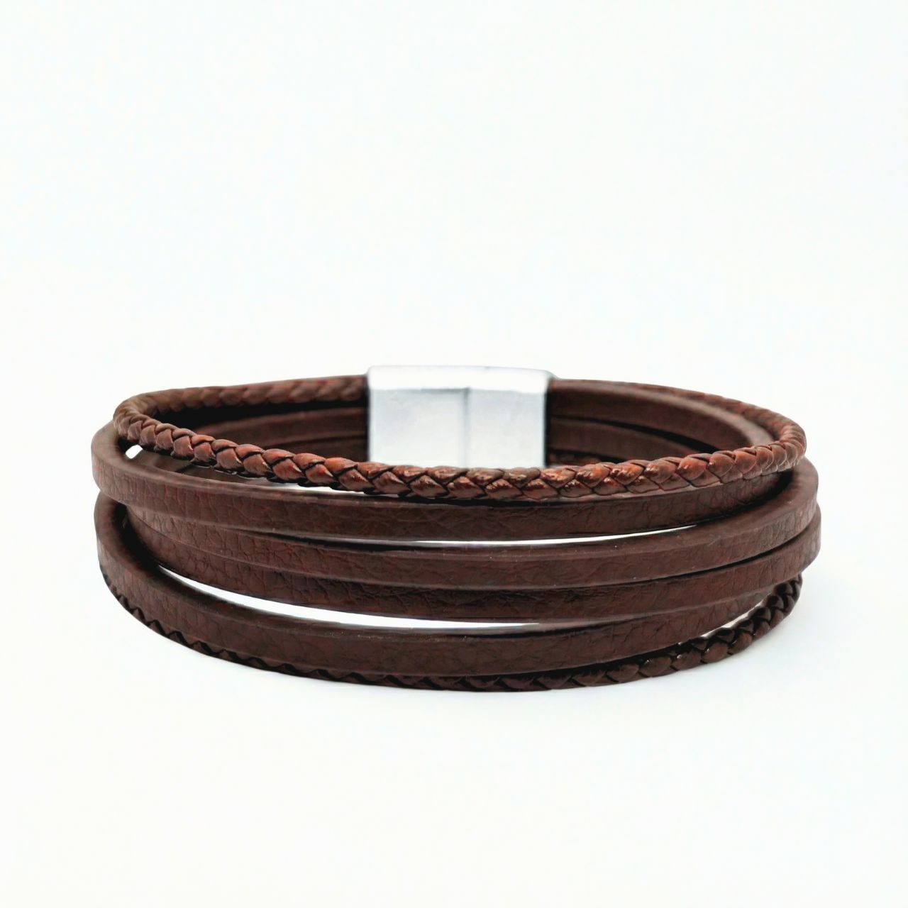 Brown leather multi-wrap bracelet with braided trim and brushed silver square clasp