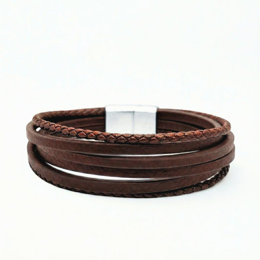 Brown leather multi-wrap bracelet with braided trim and brushed silver square clasp