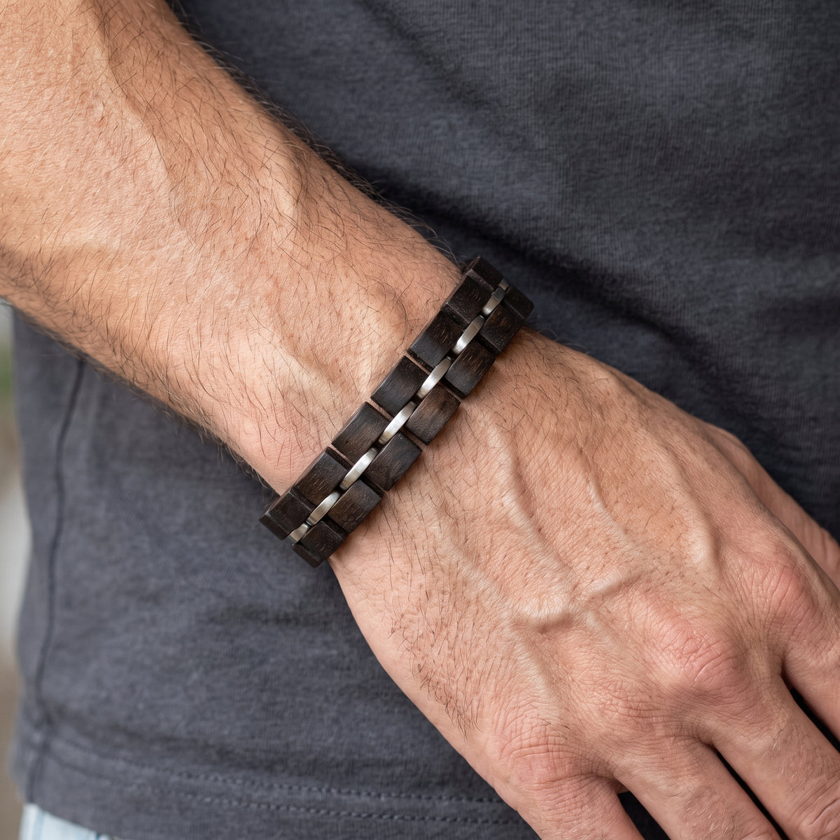 Men's ebony wood link bracelet with alternating dark and silver bars, Overpowered Accessories